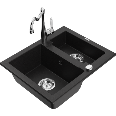Mexen Carlos granite sink 1.5-bowl with Carla kitchen tap, black - 6518-77-670700-00