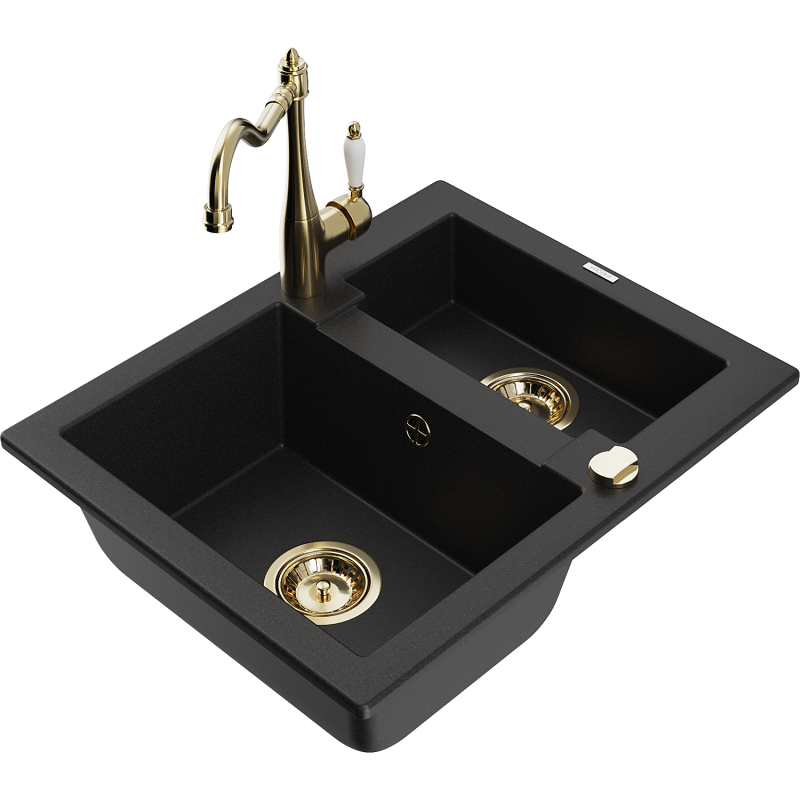 Mexen Carlos granite sink 1.5-bowl with Carla kitchen tap, black - 6518-77-670700-50