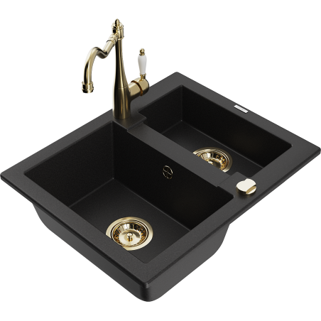 Mexen Carlos granite sink 1.5-bowl with Carla kitchen tap, black - 6518-77-670700-50