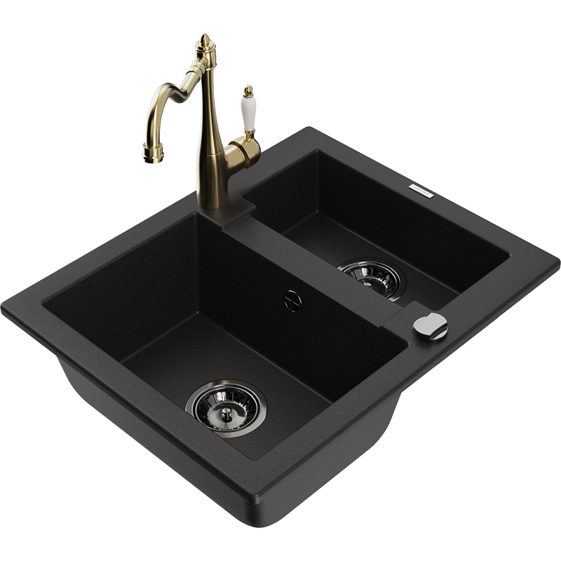 Mexen Carlos 1.5-bowl granite sink with Carla kitchen tap, black - 6518-77-670700-50-B