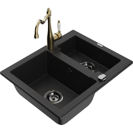 Mexen Carlos 1.5-bowl granite sink with Carla kitchen tap, black - 6518-77-670700-50-B