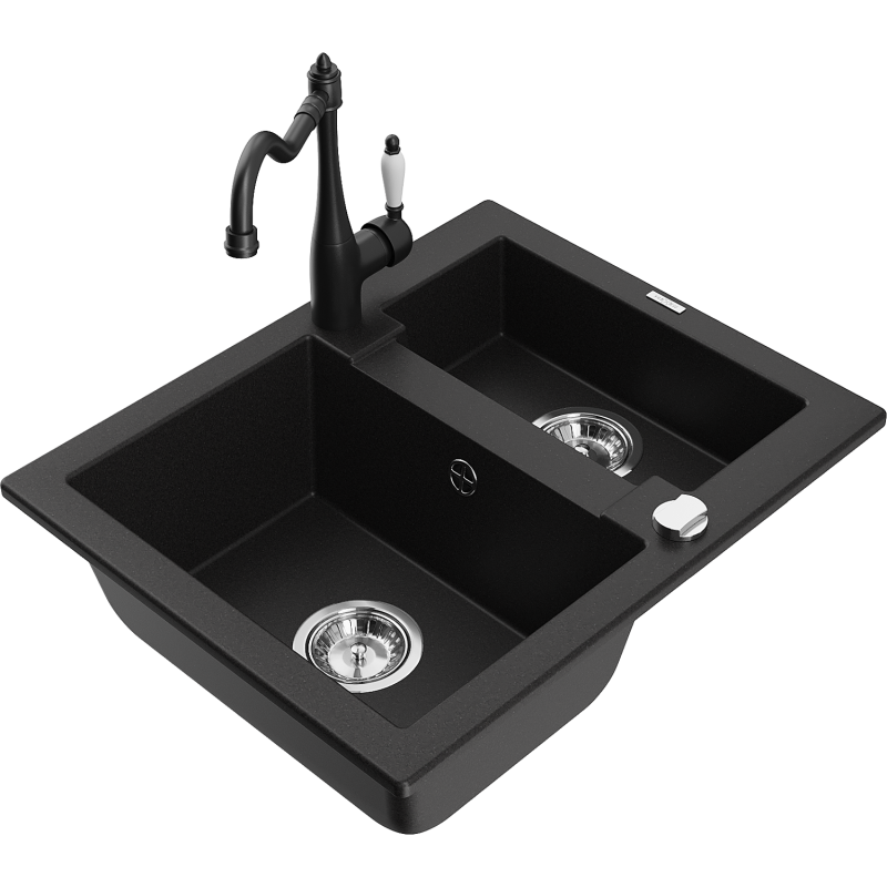 Mexen Carlos lavello in granito da 1,5 vasche con rubinetto da cucina Carla, nero - 6518-77-670700-70