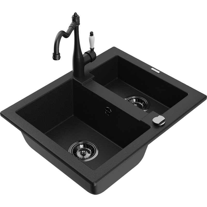Mexen Carlos fregadero de granito 1,5-cubetas con grifo de cocina Carla, negro - 6518-77-670700-70-B