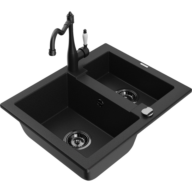 Mexen Carlos fregadero de granito de 1,5 senos con grifo de cocina Carla, negro - 6518-77-670700-70-B