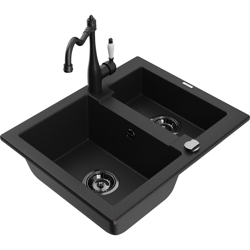 Mexen Carlos granieten spoelbak 1,5-komorige met keukenmengkraan Carla, zwart - 6518-77-670700-70-B