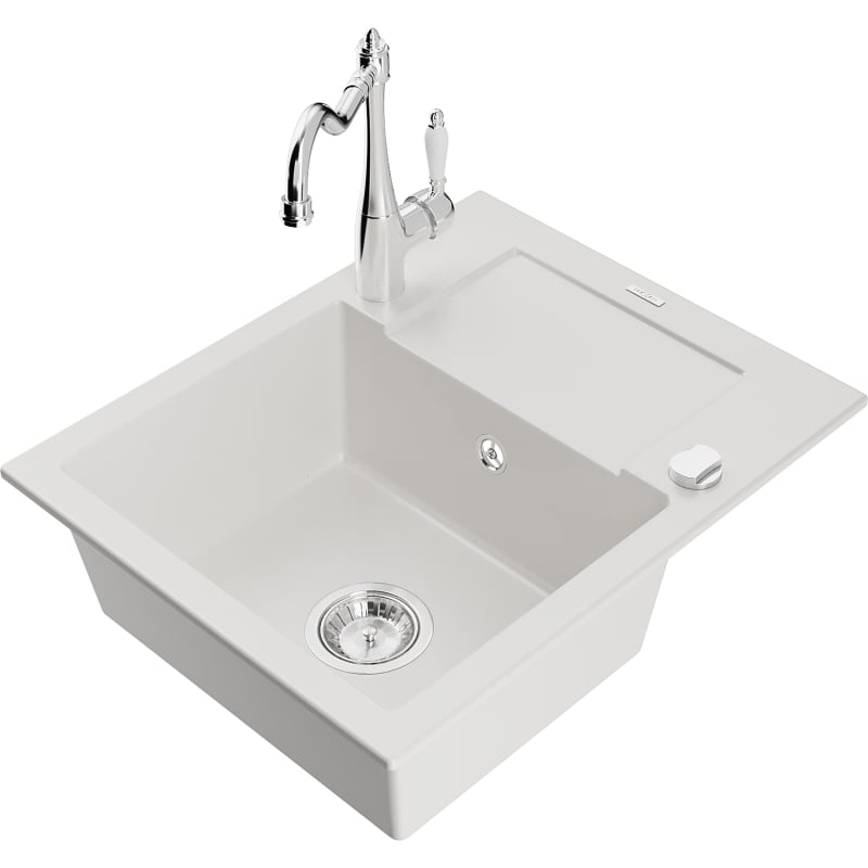 Mexen Enzo 1-bowl granite sink with drainer and kitchen faucet Carla, white - 6506-20-670700-00
