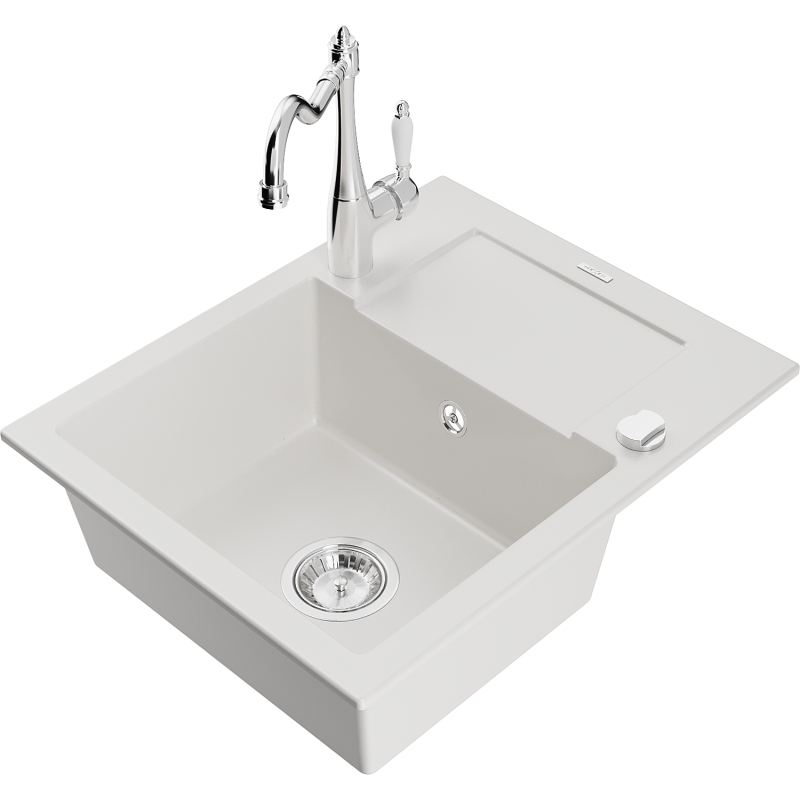 Mexen Enzo évier en granit à 1 bac avec égouttoir et robinet de cuisine Carla, blanc - 6506-20-670700-00