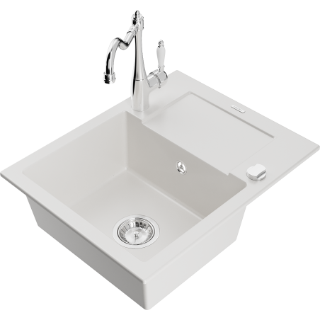Mexen Enzo 1-bowl granite sink with drainer and kitchen faucet Carla, white - 6506-20-670700-00