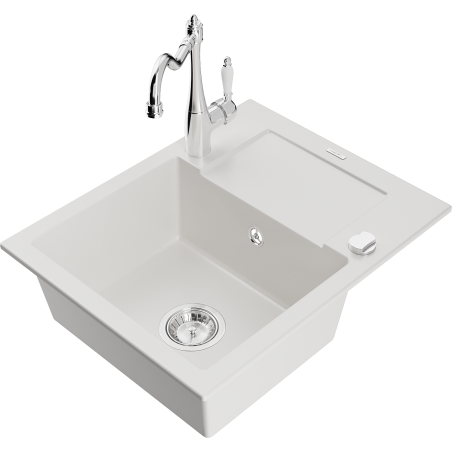 Mexen Enzo granite sink 1-bowl with drainer and Carla kitchen tap, white - 6506-20-670700-00