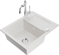 Mexen Enzo granite sink 1-bowl with drainer and Carla kitchen tap, white - 6506-20-670700-00