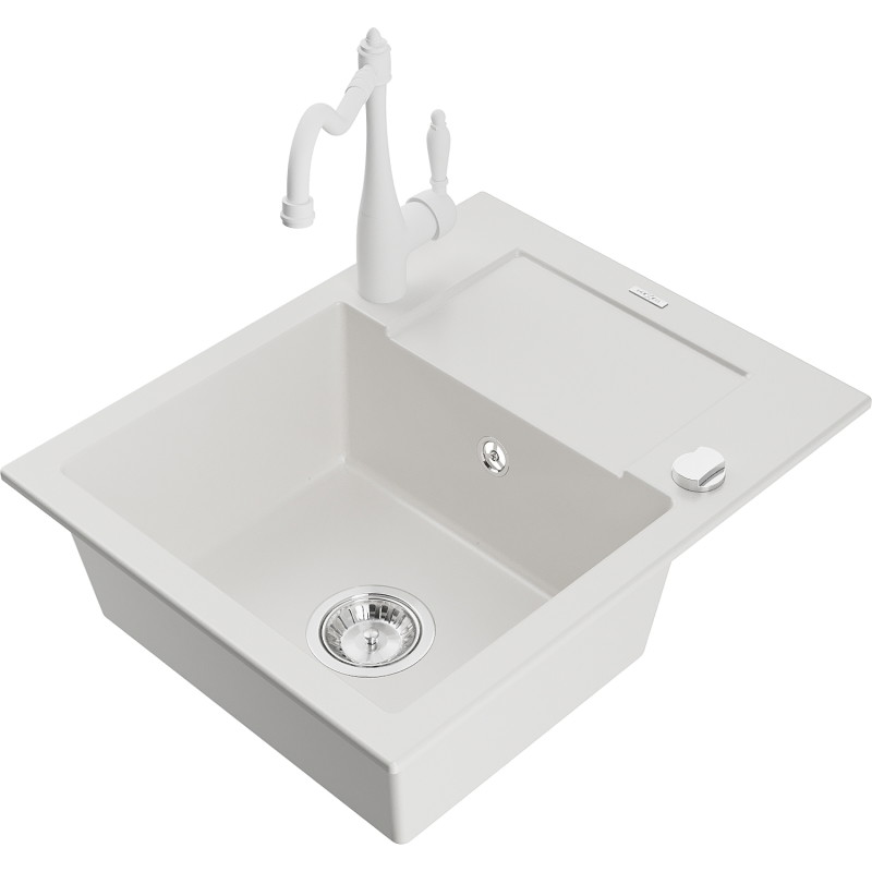 Mexen Enzo fregadero de granito de 1 compartimento con escurridor y grifo de cocina Carla, blanco - 6506-20-670700-20