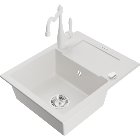 Mexen Enzo 1-bowl granite sink with drainer and Carla kitchen tap, white - 6506-20-670700-20