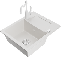 Mexen Enzo 1-bowl granite sink with drainer and Carla kitchen tap, white - 6506-20-670700-20