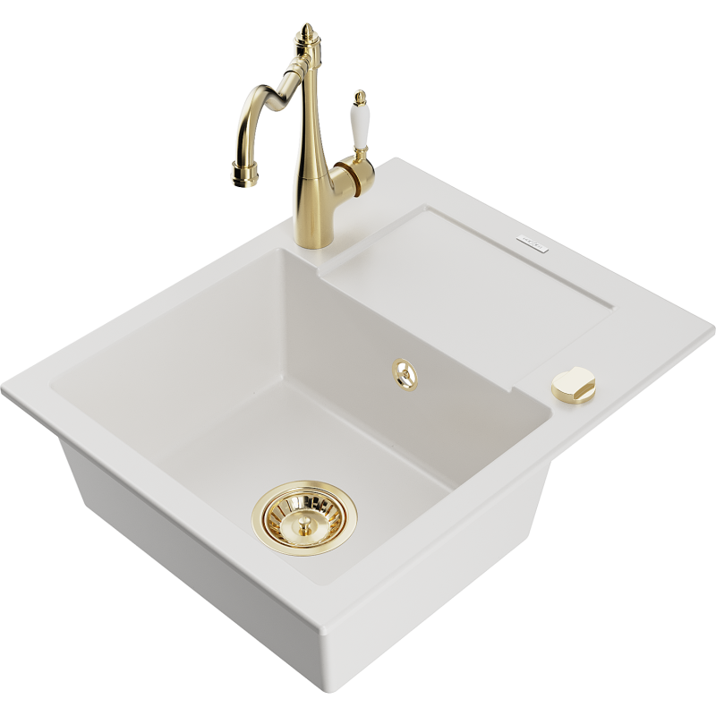 Mexen Enzo 1-bowl granite sink with drainer and Carla kitchen tap, white - 6506-20-670700-50