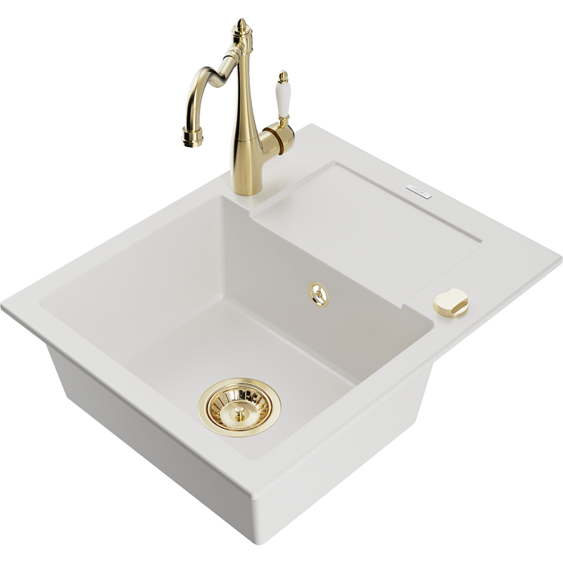 Mexen Enzo fregadero de granito de 1 seno con escurridor y grifo de cocina Carla, blanco - 6506-20-670700-50