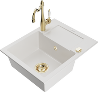 Mexen Enzo lava-loiça de granito 1-baía com escorredor e torneira de cozinha Carla, branco - 6506-20-670700-50