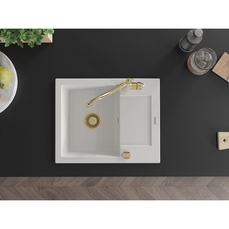 Mexen Enzo fregadero de granito de 1 seno con escurridor y grifo de cocina Carla, blanco - 6506-20-670700-50