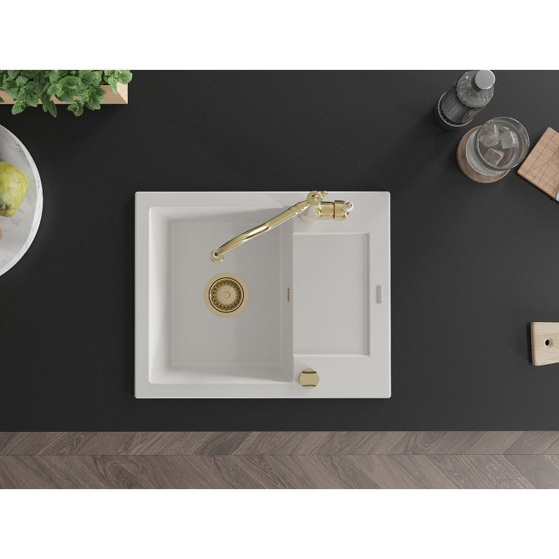 Mexen Enzo lava-loiça de granito 1-baía com escorredor e torneira de cozinha Carla, branco - 6506-20-670700-50