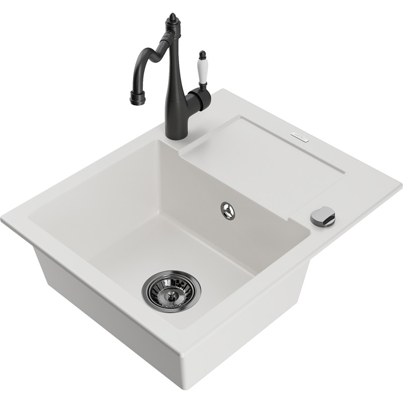 Mexen Enzo fregadero de granito de 1 seno con escurridor y grifo de cocina Carla, blanco - 6506-20-670700-70