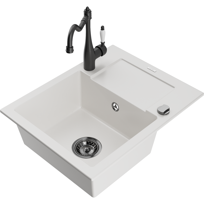 Mexen Enzo lava-louça de granito de 1 câmara com escorredor e torneira de cozinha Carla, branco - 6506-20-670700-70