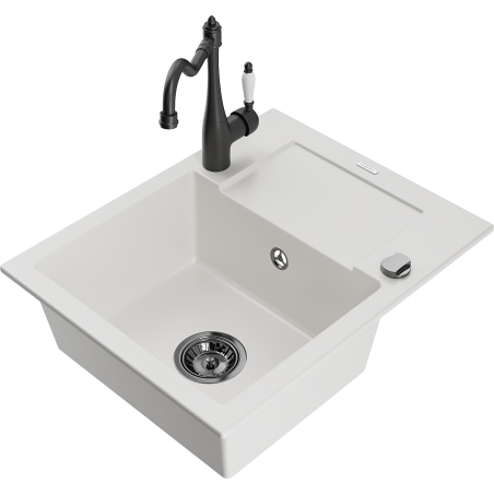 Mexen Enzo 1-bowl granite sink with drainer and Carla kitchen faucet, white - 6506-20-670700-70