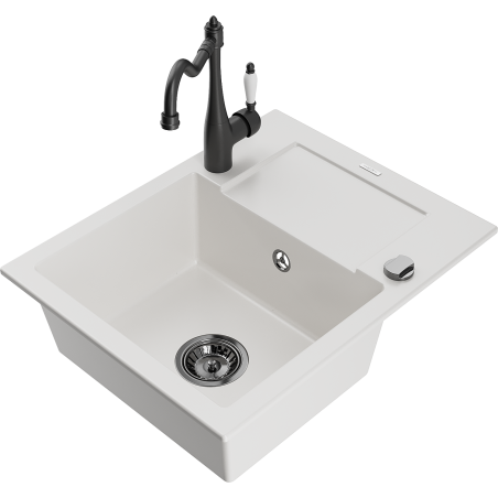 Mexen Enzo granite kitchen sink single bowl with drainer and Carla kitchen tap, white - 6506-20-670700-70
