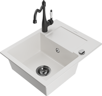 Mexen Enzo 1-bowl granite sink with drainer and Carla kitchen faucet, white - 6506-20-670700-70