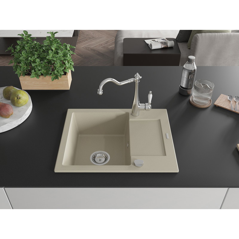 Mexen Enzo Granitspüle 1-Becken mit Abtropffläche und Küchenarmatur Carla, beige - 6506-69-670700-00
