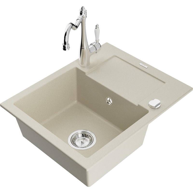 Mexen Enzo fregadero de granito de 1 cubeta con escurridor y grifo de cocina Carla, beige - 6506-69-670700-00