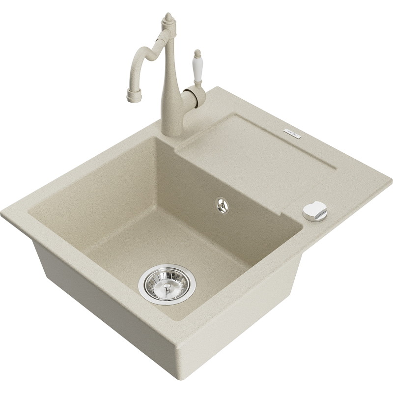 Mexen Enzo lavello in granito a 1 vasca con sgocciolatoio e rubinetto da cucina Carla, beige - 6506-69-670700-69