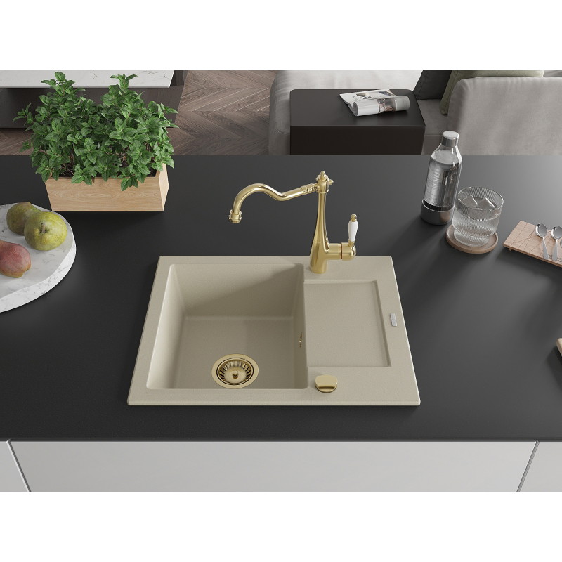 Mexen Enzo fregadero de granito de 1 seno con escurridor y grifo de cocina Carla, beige - 6506-69-670700-50