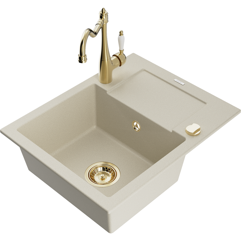 Mexen Enzo fregadero de granito de 1 cubeta con escurridor y grifo de cocina Carla, beige - 6506-69-670700-50