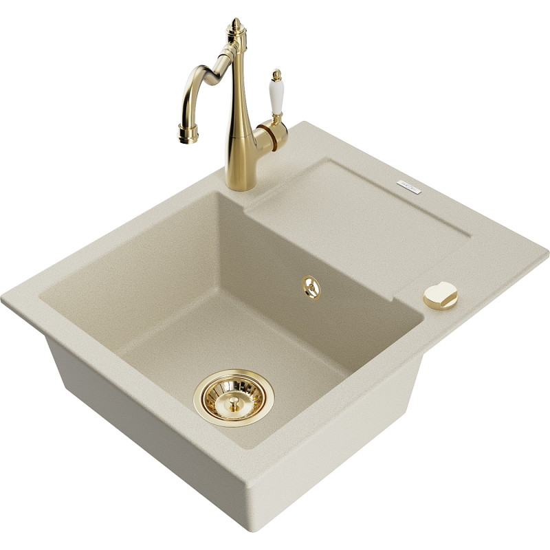 Mexen Enzo Granitspüle 1-beckig mit Abtropffläche und Küchenarmatur Carla, beige - 6506-69-670700-50