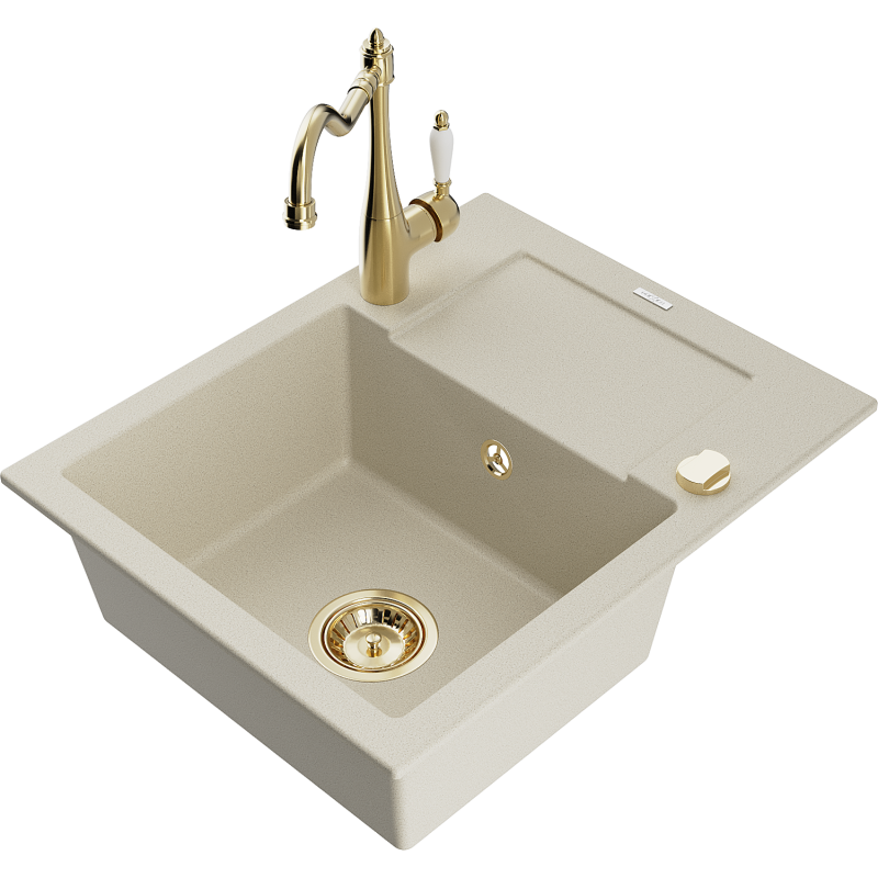 Mexen Enzo lava-louça de granito de 1 câmara com escorredor e torneira de cozinha Carla, bege - 6506-69-670700-50