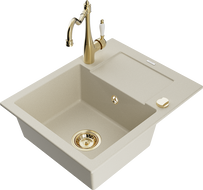 Mexen Enzo granite sink 1-bowl with drainer and kitchen faucet Carla, beige - 6506-69-670700-50