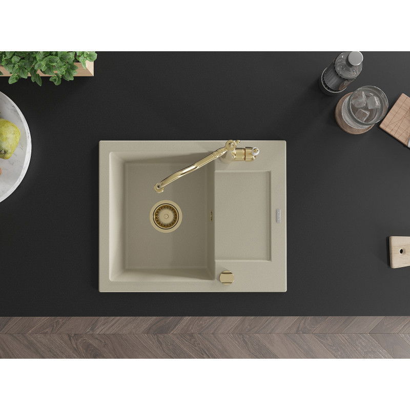 Mexen Enzo fregadero de granito de 1 cubeta con escurridor y grifo de cocina Carla, beige - 6506-69-670700-50