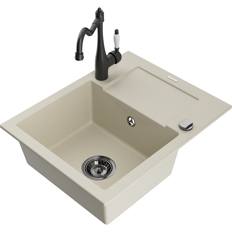 Mexen Enzo lava-loiça de granito 1-cuba com escorredor e torneira de cozinha Carla, bege - 6506-69-670700-70