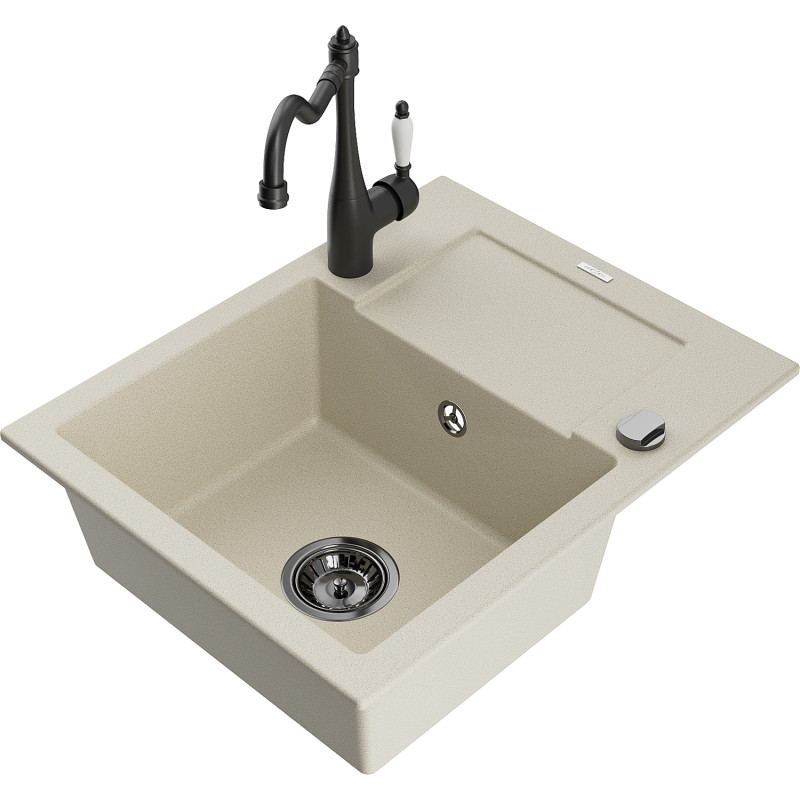 Mexen Enzo lavello in granito a 1 vasca con scolapiatti e rubinetto da cucina Carla, beige - 6506-69-670700-70