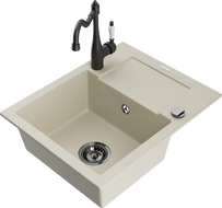 Mexen Enzo granite sink 1-bowl with drainer and Carla kitchen tap, beige - 6506-69-670700-70
