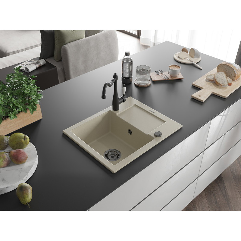 Mexen Enzo granitā izlietne ar vienu nodalījumu ar notecējumu un virtuves jaucējkrānu Carla, bēšs - 6506-69-670700-70
