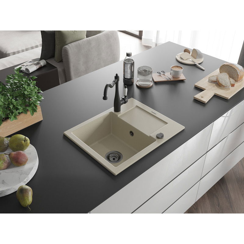 Mexen Enzo granite sink 1-bowl with drainer and Carla kitchen tap, beige - 6506-69-670700-70