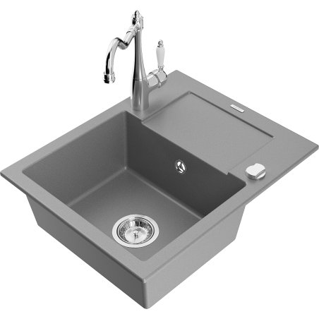 Mexen Enzo 1-bowl granite sink with drainer and Carla kitchen tap, grey - 6506-71-670700-00