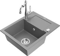 Mexen Enzo 1-bowl granite sink with drainer and Carla kitchen tap, grey - 6506-71-670700-00