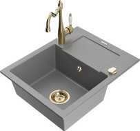 Mexen Enzo Granitno pomivalno korito z eno posodo z odcejalnikom in kuhinjsko pipo Carla, sivo - 6506-71-670700-50