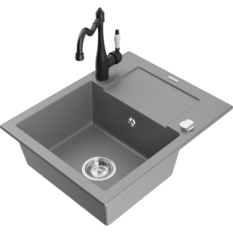 Mexen Enzo 1-bowl granite kitchen sink with drainer and Carla kitchen tap, grey - 6506-71-670700-70
