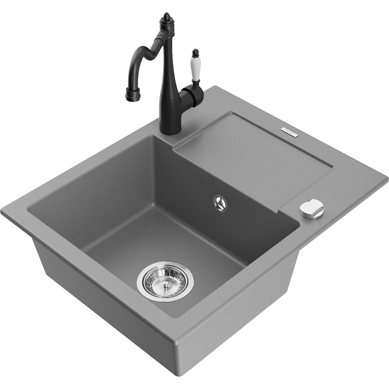 Mexen Enzo fregadero de granito de 1 compartimento con escurridor y grifo de cocina Carla, gris - 6506-71-670700-70