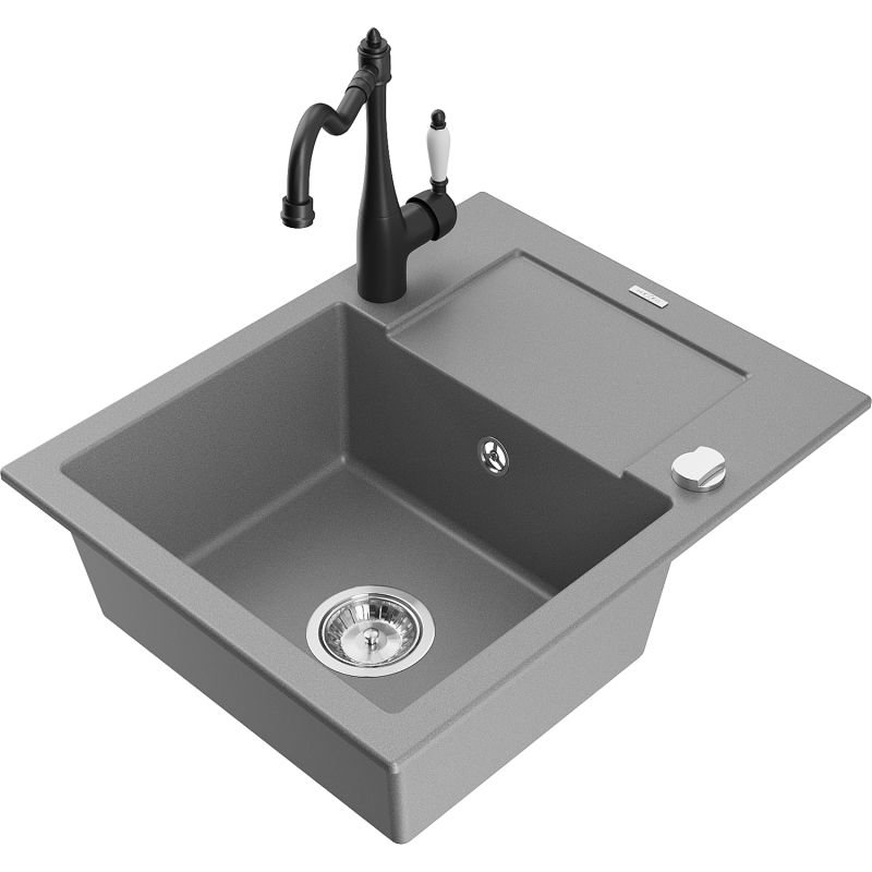 Mexen Enzo fregadero de granito de 1 cubeta con escurridor y grifo de cocina Carla, gris - 6506-71-670700-70
