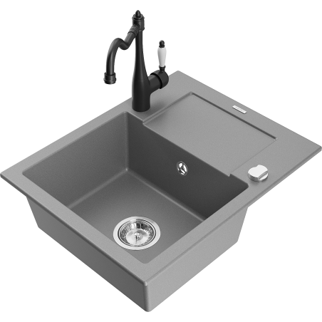 Mexen Enzo 1-bowl granite kitchen sink with drainer and Carla kitchen tap, grey - 6506-71-670700-70