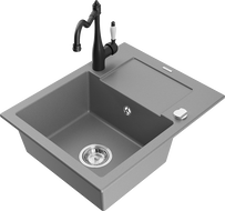 Mexen Enzo 1-bowl granite kitchen sink with drainer and Carla kitchen tap, grey - 6506-71-670700-70