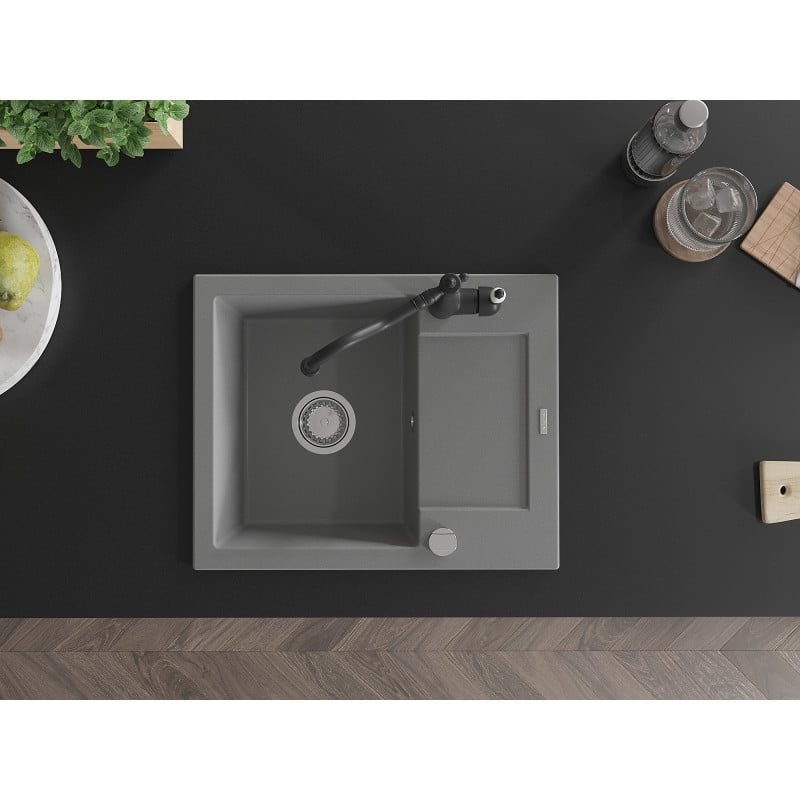 Mexen Enzo fregadero de granito de 1 cubeta con escurridor y grifo de cocina Carla, gris - 6506-71-670700-70